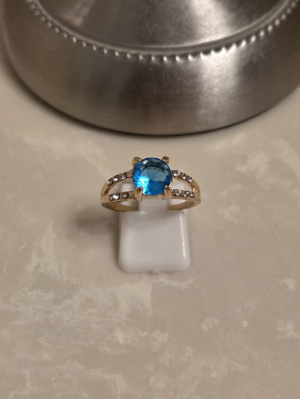 Gold CZ and Aquamarine Ring Size 9